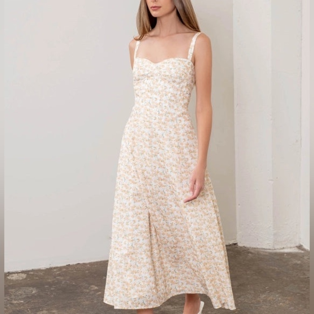 Moon River Cream Yellow Floral Print Lace Corset Midi Dress Small Brunch Girly - Picture 2 of 15